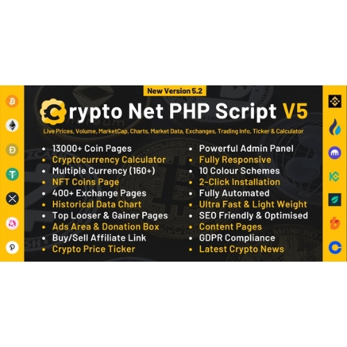 Crypto Net – CoinMarketCap, Prices, Chart, Exchanges, Crypto Tracker, Calculator & Ticker PHP Script