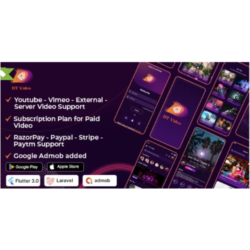 DTVideo- Flutter Multipurpose All In One Videos App ( Android + ios) Admin panel